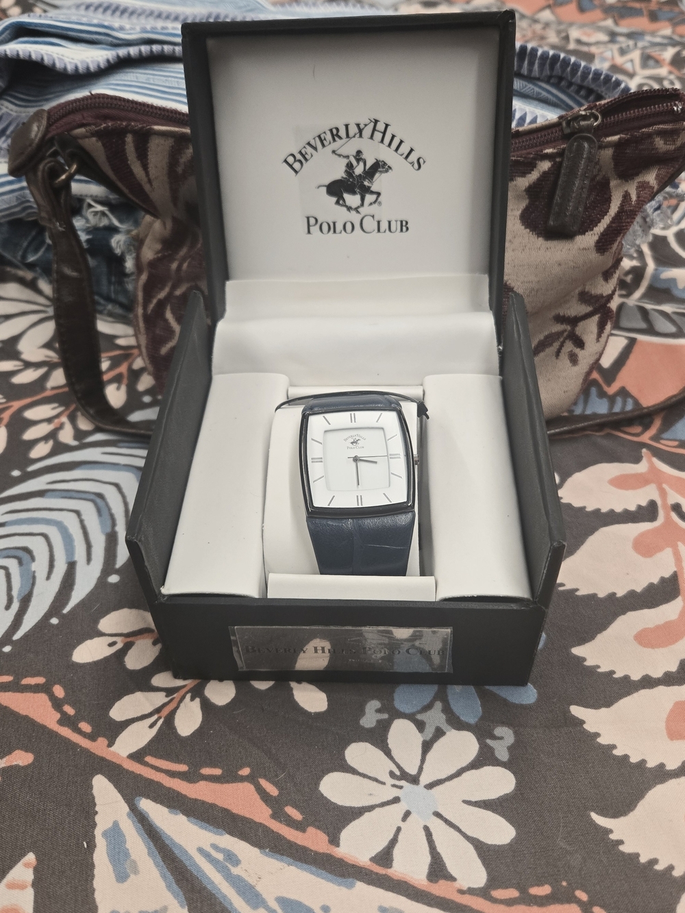 Beverly Hills Polo Club White Dial Square Watch with Blue Strap and Silver Case